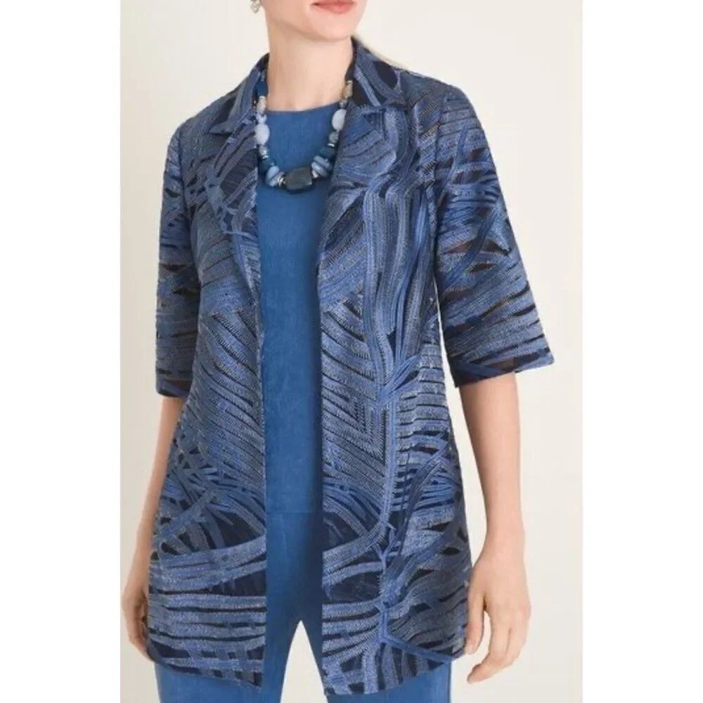 Chico’s Traveler Whimsy Mesh 3/4 Sleeve Stripe Open Front Shacket Size 1 (8/ 10)